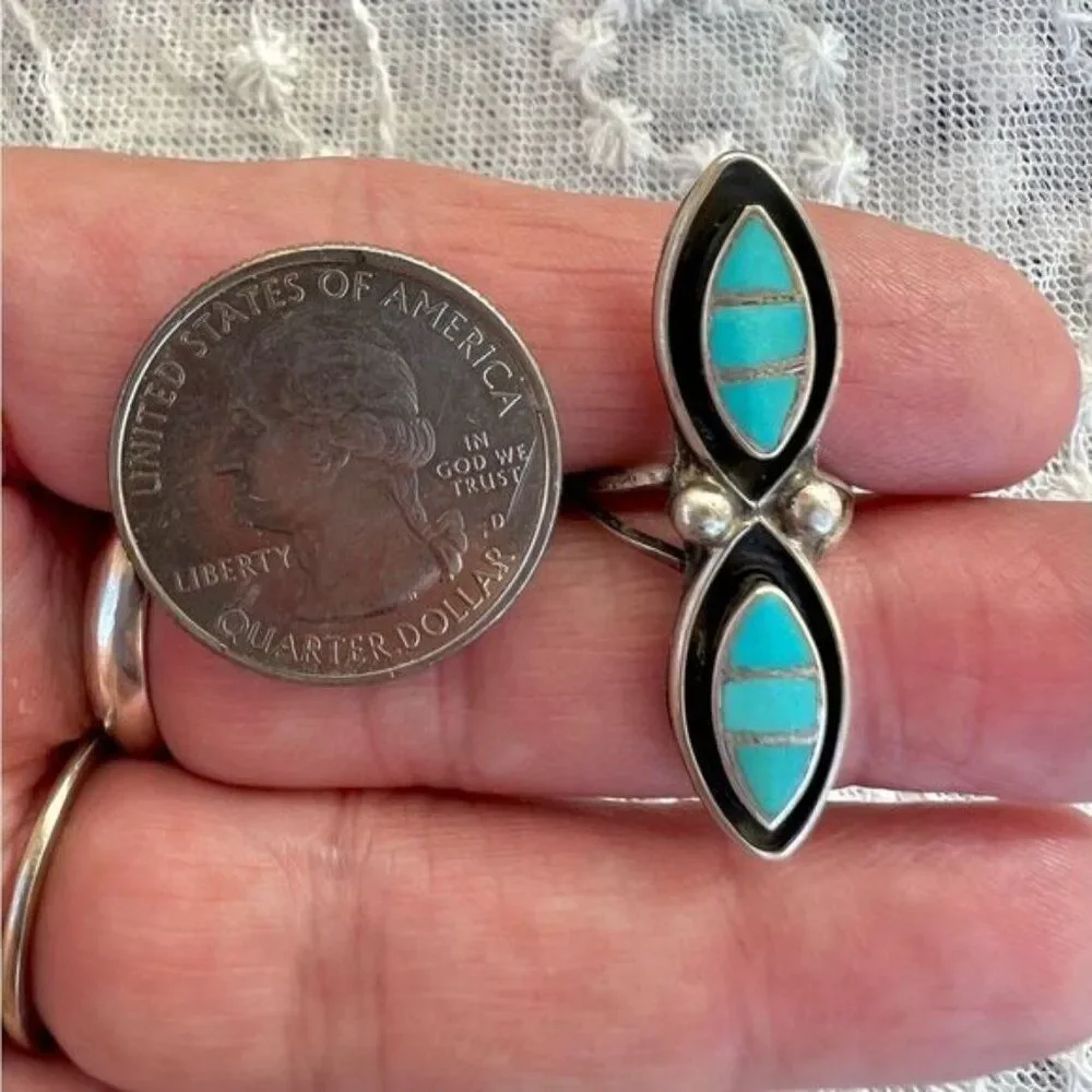 Vintage Native Turquoise Inlay Zuni Dishta Long Ring
